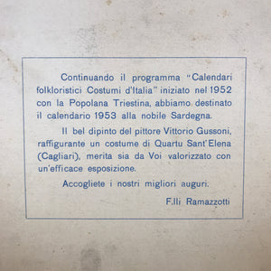 Cartonato pubblicitario Amaro Ramazzotti, Calendari Folkroristici Italiani, Sardegna , Italia 1953