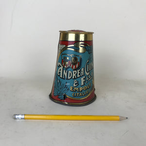 Copritappo vintage azzurro e bordeaux in latta serigrafata con logo Andrea Cioni olio d'oliva Empoli, Italia Anni '50.